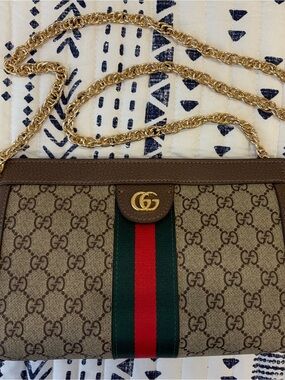 Gucci Brown GG Supreme Crossbody with Green and Red Web and Gold Chain